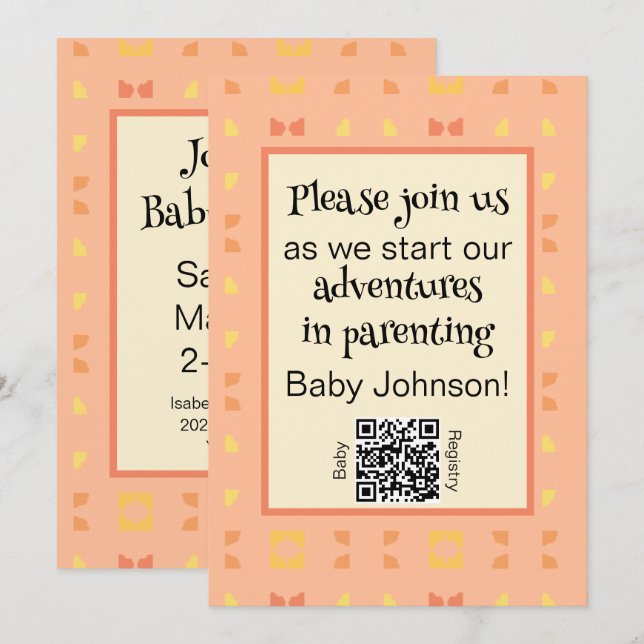 Baby Shower Peach Yellow Geometric QR Code Invitation (Front/Back)