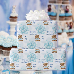 Baby Shower Personalise Text & Name Teddy Bear Boy Wrapping Paper