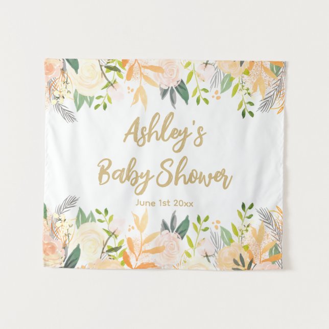 Baby Shower Photo Booth Backdrop Floral Prop Gold Tapestry (Front (Horizontal))