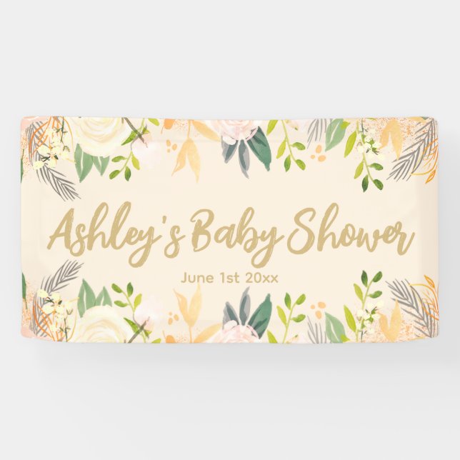 Baby Shower Photo Booth Backdrop Floral Prop Ivory Banner (Horizontal)