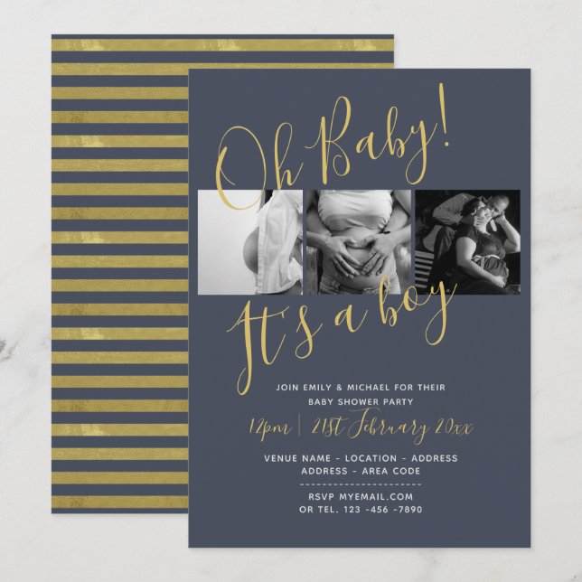 Baby Shower Photo Collage Invitation Midnight BLUE (Front/Back)