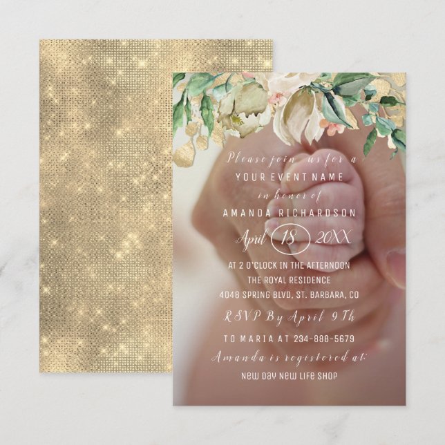 Baby Shower Photo  Flowers Brunch Spark Gold Invitation (Front/Back)