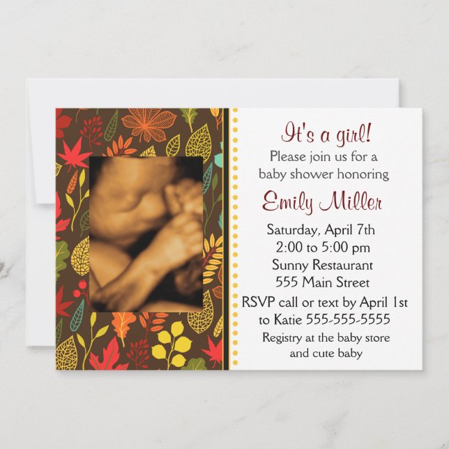 Baby Shower Photo Invitation Fall Autumn Leaves (Front)