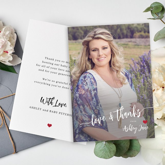Baby shower photo modern love and thanks script thank you card (Creator Uploaded)