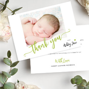 Baby shower photo personalised modern script thank you card