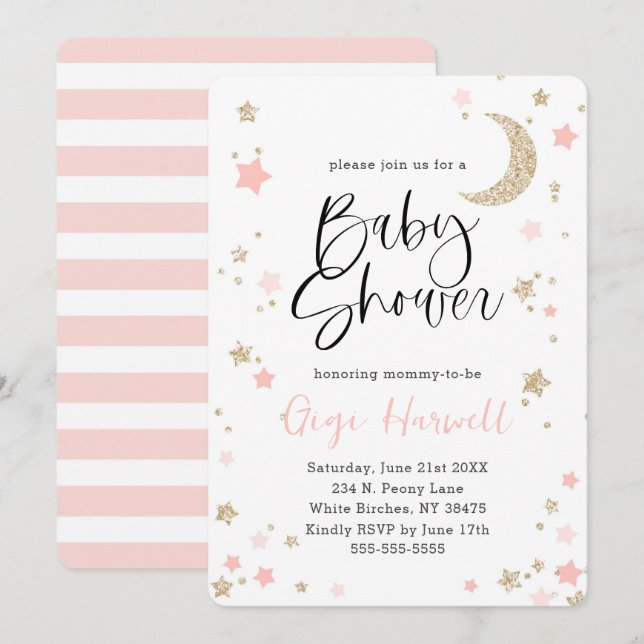 Baby Shower Pink and Gold Glitter Twinkle Star Invitation (Front/Back)