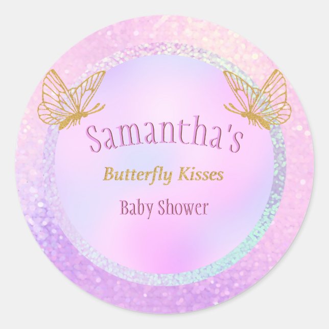 Baby Shower Pink and Gold Whimsical Butterfly Classic Round Sticker (Front)
