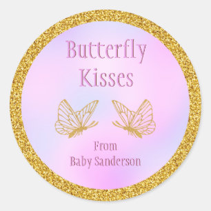 Baby Shower Pink and Gold Whimsical Butterfly Classic Round Sticker