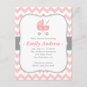 Baby Shower - Pink and White Chevron with Stroller Invitation