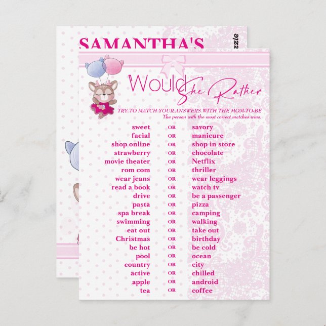 Baby Shower. Pink Baby Dee Prediction and Advice.  Postcard (Front/Back)