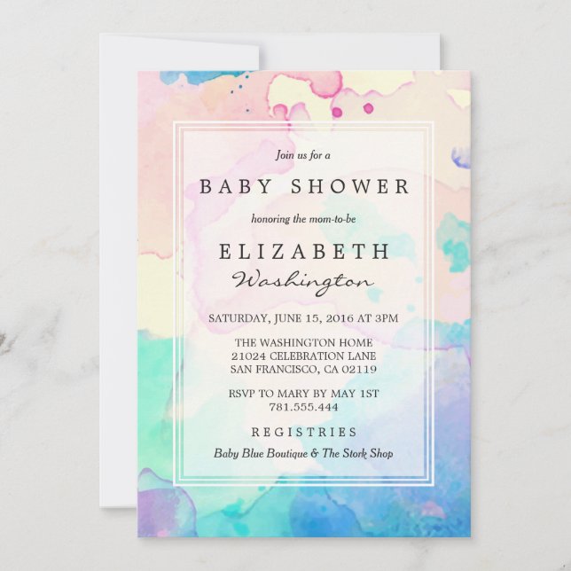 Baby Shower | Pink Blue & Purple Watercolor Splash Invitation (Front)