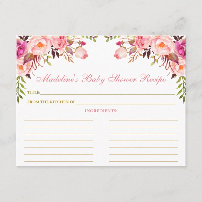 Baby Shower Pink Blush Floral Gold Recipe Card (Front)