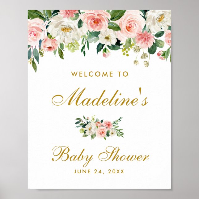 Baby Shower Pink Blush Floral Gold Welcome Poster (Front)