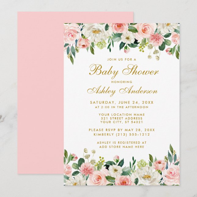 Baby Shower Pink Blush Floral White Gold Invite GP (Front/Back)