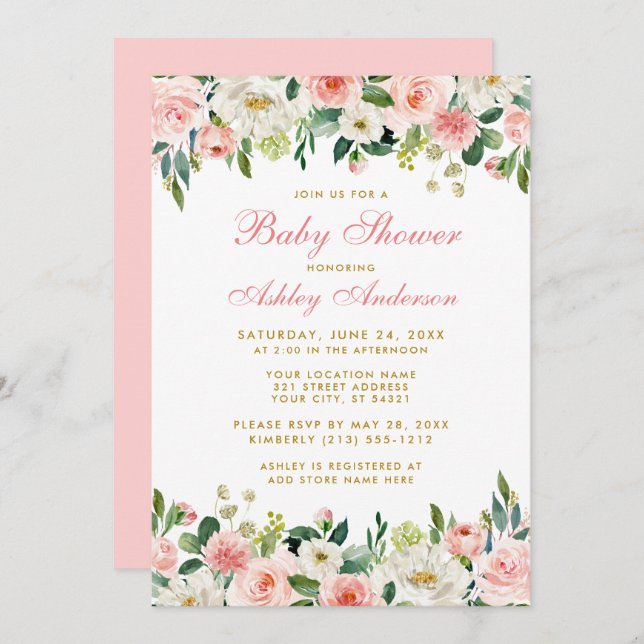 Baby Shower Pink Blush Floral White Gold Invite P (Front/Back)