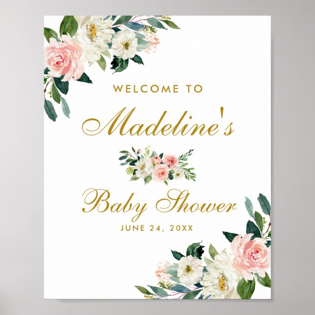 Baby Shower Pink Blush Gold Floral Welcome Poster (Front)