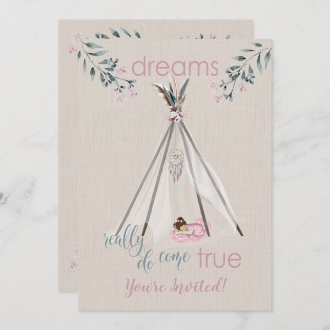 Baby Shower  Pink  Boho Tipi DreamCatcher Invitation (Front/Back)