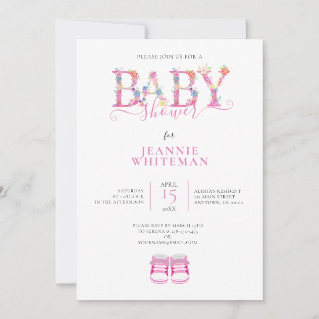 BABY SHOWER, PINK BOOTIES, PINK FLORAL INVITATION (Front)
