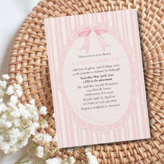 Baby Shower Pink Bow Stripes Baby Girl Cute Modern Invitation