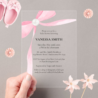 Baby Shower Pink Bow White Pearl Baby Girl Modern  Acrylic Invitations