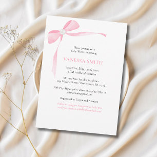 Baby Shower Pink Bow White Pearl Baby Girl Modern  Invitation
