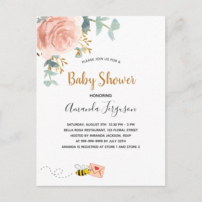 Baby Shower pink bumble bee floral greenery girl  Invitation Postcard (Front)