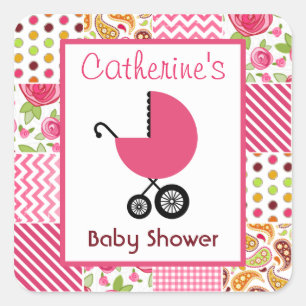 Baby Shower Pink Carriage & Girly Patchwork Square Sticker
