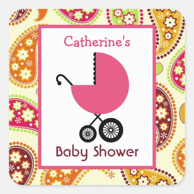 Baby Shower Pink Carriage & Paisley Square Sticker (Front)