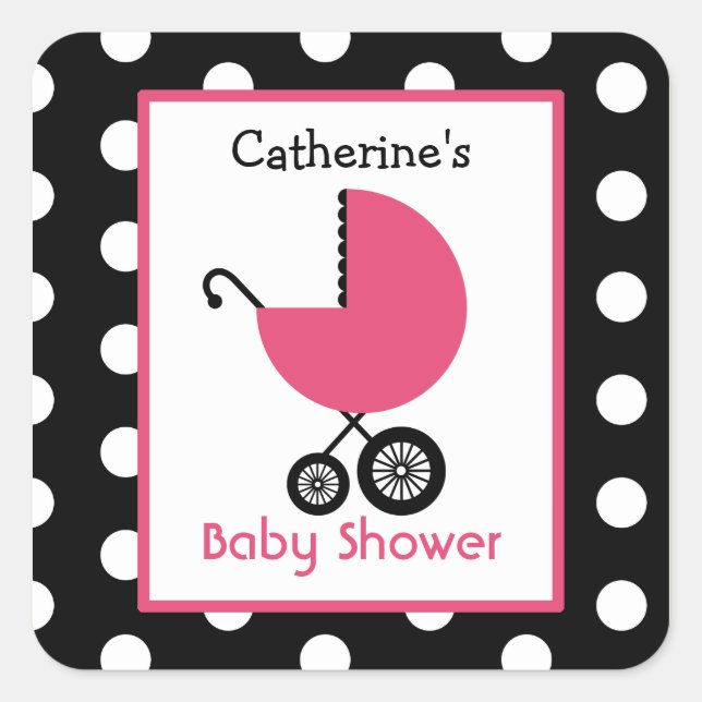 Baby Shower Pink Carriage & Polka Dots Square Sticker (Front)