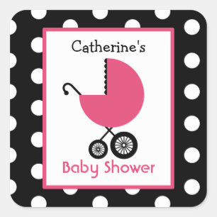 Baby Shower Pink Carriage & Polka Dots Square Sticker