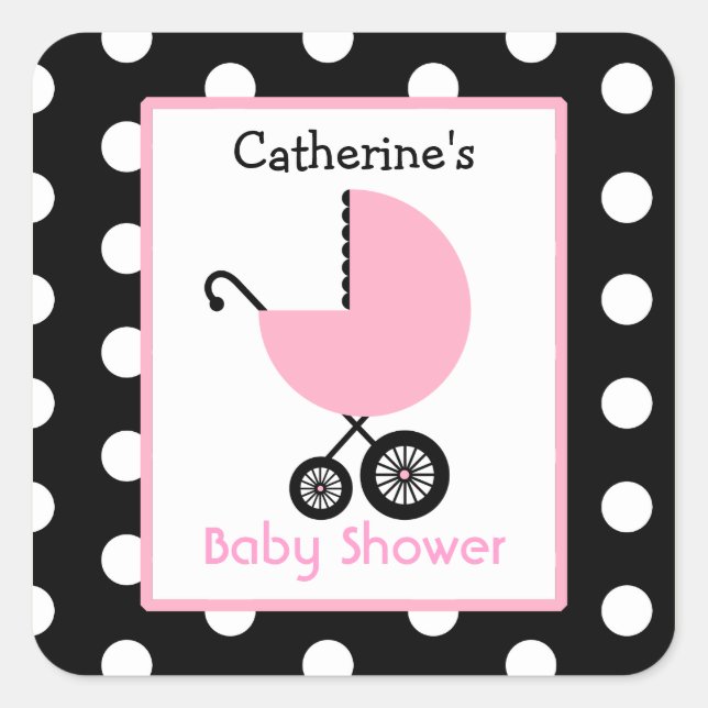 Baby Shower Pink Carriage & Polka Dots Square Sticker (Front)