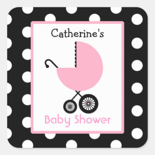 Baby Shower Pink Carriage & Polka Dots Square Sticker