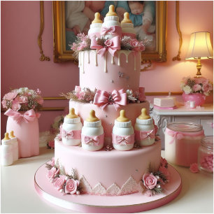 Baby Shower Pink Decorated Cake with Baby Bottles Invitation