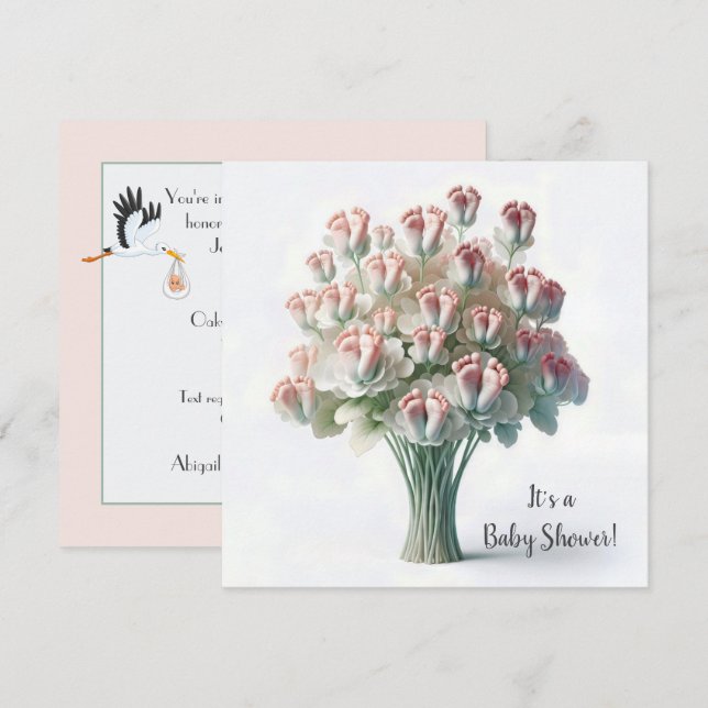 Baby Shower Pink Feet Flower Bouquet Invitation (Front/Back)