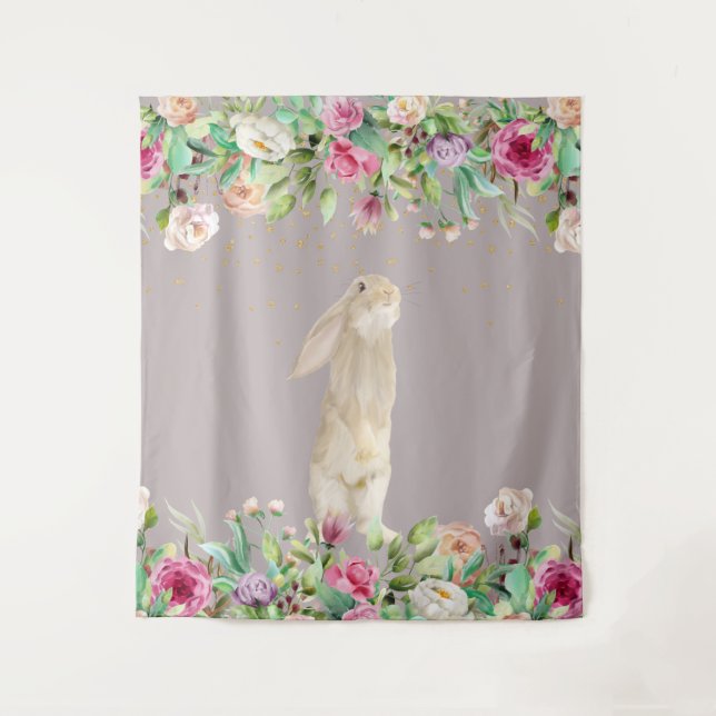 Baby Shower Pink Floral Bunny Easter Spring Tapestry (Front)