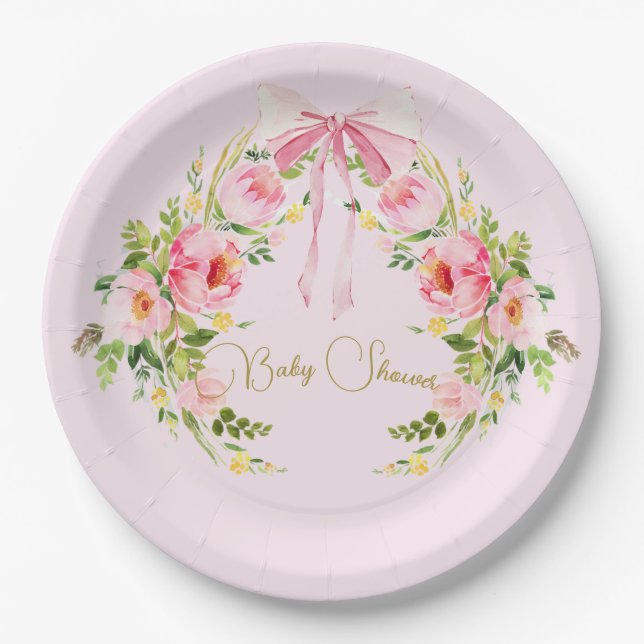 Baby Shower Pink Floral Crest Regency Bow  Paper Plate (Front)