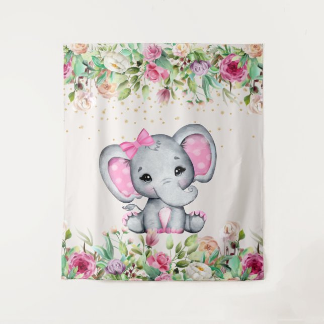 Baby Shower Pink Floral Elephant Baby Shower Tapestry (Front)