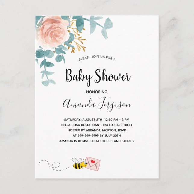 Baby Shower pink floral greenery mum to bee Postcard (Front)