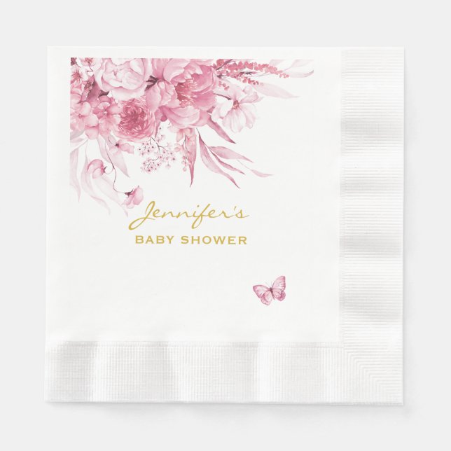 Baby Shower Pink Floral Pink Coined Luncheon Napkin (Front)