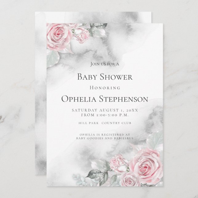 Baby Shower Pink Floral Roses Invitation (Front/Back)