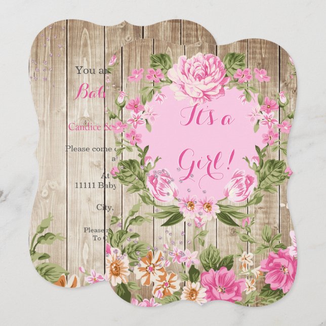 Baby Shower Pink Floral Rustic Wood Girl Invitation (Front/Back)
