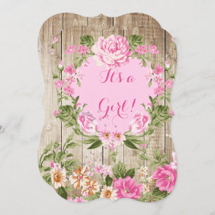 Baby Shower Pink Floral Rustic Wood Girl Invitation