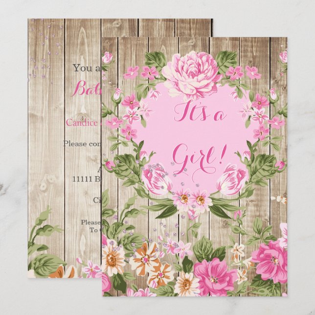 Baby Shower Pink Floral Rustic Wood Girl Invitation (Front/Back)