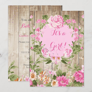 Baby Shower Pink Floral Rustic Wood Girl Invitation
