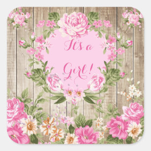 Baby Shower Pink Floral Rustic Wood Girl Square Sticker