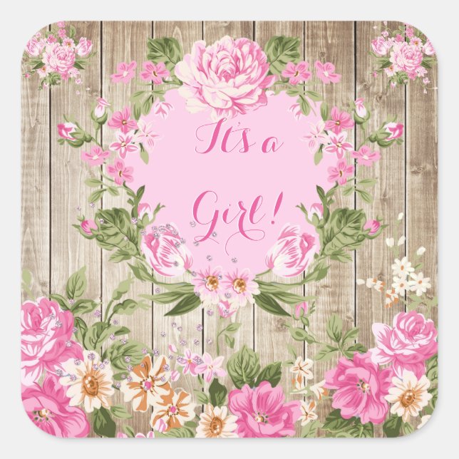 Baby Shower Pink Floral Rustic Wood Girl Square Sticker (Front)