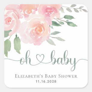 Baby Shower Pink Floral Watercolor Square Sticker