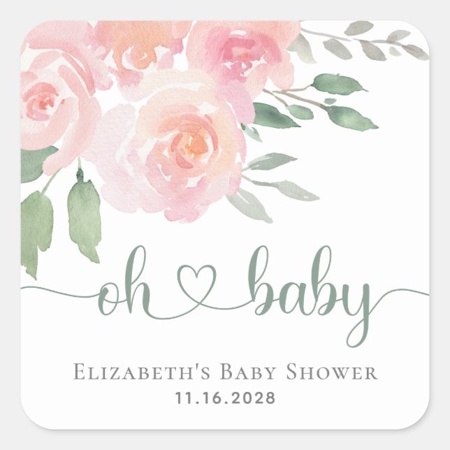 Baby Shower Pink Floral Watercolor Square Sticker (Front)