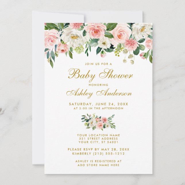 Baby Shower Pink Floral White Gold Invite (Front)