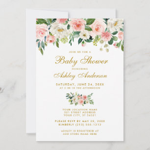 Baby Shower Pink Floral White Gold Invite
